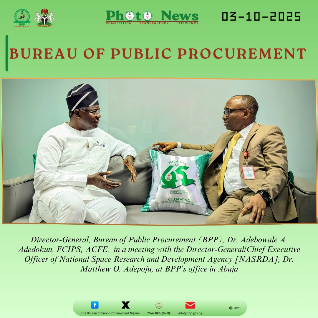 Director-General, Bureau of Public Procurement (BPP), Dr. Adebowale A. Adedokun, FCIPS, ACFE, in a meeting with the Director-General/Chief Executive Officer of National Space Research and Development Agency [NASRDA], Dr. Matthew O. Adepoju, at BPP’s office in Abuja 